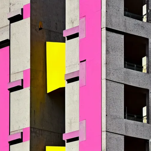 Prompt: a photo of a brutalist building with accents of pink and yellow. dark and moody.