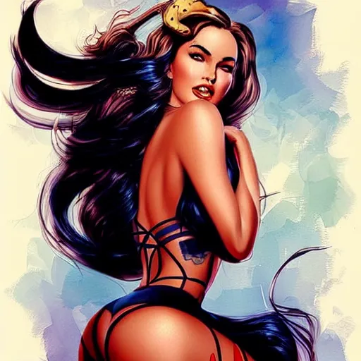 Image similar to a pinup illustration of megan fox in the style of anna dittmann and in the style of alex ross.