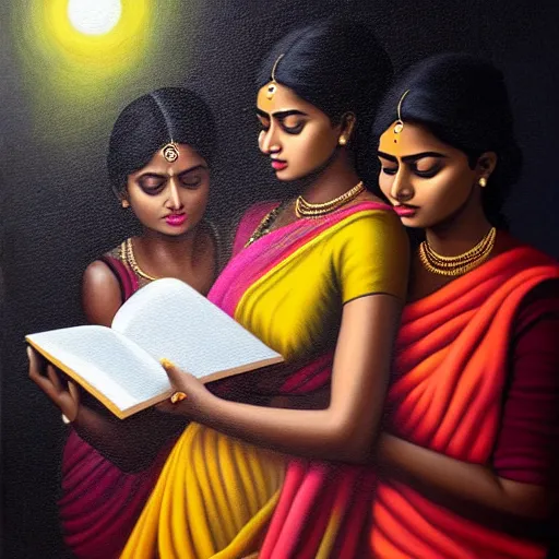 Image similar to hyperrealistic painting of a beautiful young tamil woman holding a notebook while a woman and three men emerge out of the book like genies, detailed digital art, trending on artstation