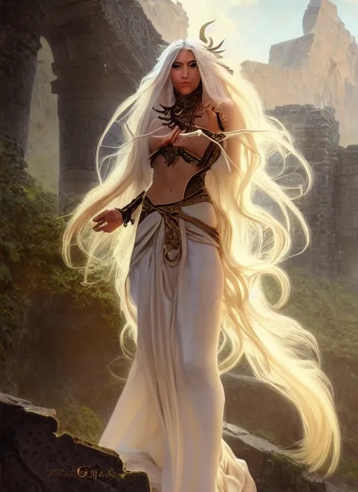 Image similar to portrait of a stunning exotic fantasy dark elf female sorcerer with long white hair flowing in the wind at the location of ancient ruins filled with magic, highly detailed, digital painting, artstation, smooth, sharp focus, illustration, art by artgerm and greg rutkowski and alphonse mucha