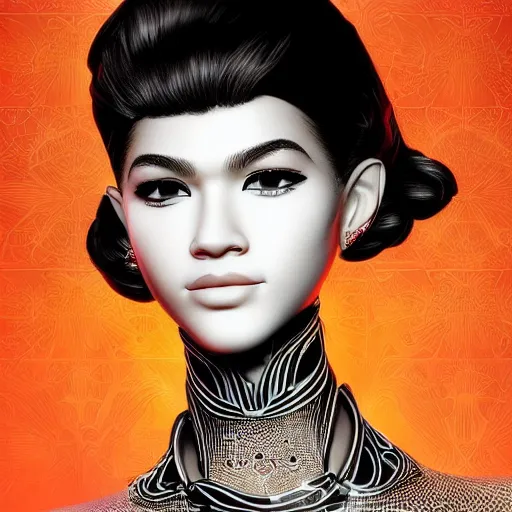 Image similar to the portrait of an elegant, sophisticated, fashionable robotess idol, an ultrafine illustration of young half arab zendaya mix by kim jisu, intricate linework, neon wiring, fashion, porcelain skin, unreal engine 5 highly rendered, global illumination, radiant light, detailed and intricate environment, by rutkowski, artgerm, marvel comics