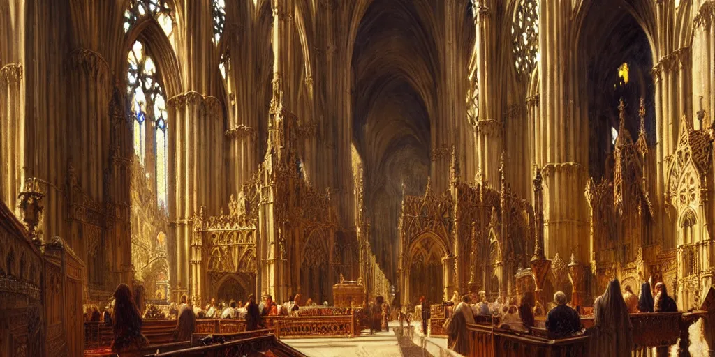 Prompt: inside a giant medieval cathedral, intricate details. highly detailed painting by gaston bussiere, j. c. leyendecker 8 k