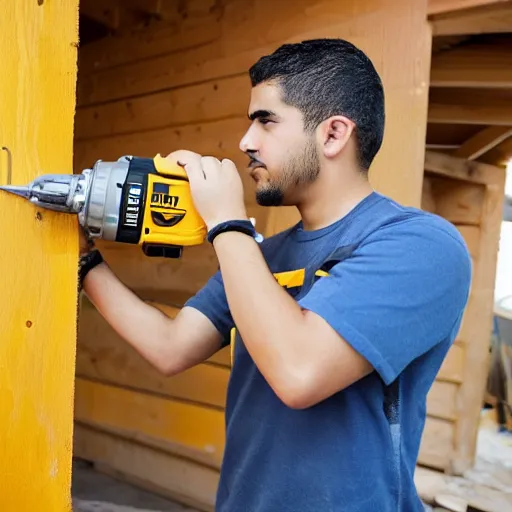 Image similar to young latino man using cordless power tool made by dewalt