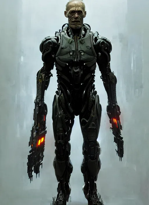 Image similar to willem dafoe as victor stone, full body concept, cyborg, borg, strogg, face of a man, terminator, flesh, quake strogg, doom demon, wolfenstein, monstrous, powerful, symmetry, symmetrical, concept art by ruan jia and greg rutkowski