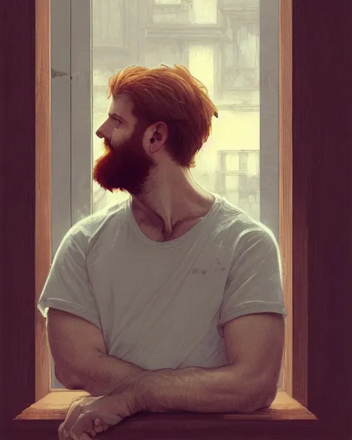 Prompt: low angle of attractive red - headed bearded man wearing a white t - shirt looking out the window expectantly, a smile on his lips, highly detailed, digital painting, artstation, concept art, smooth, sharp focus, illustration, art by artgerm, greg rutkowski, alphonse mucha, j. c. leyendecker
