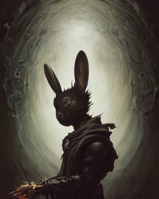 Prompt: Anthropomorphized black rabbit monk, portrait, Path of Exile, Diablo, Warhammer, digital painting, highly detailed, concept art, Nekro, Peter Mohrbacher, Alphonse Mucha, Brian Froud, Yoshitaka Amano, Kim Keever, Victo Ngai, James Jean