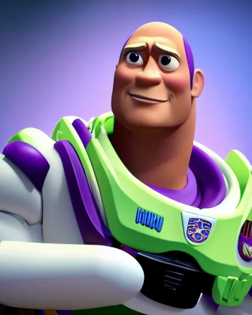 Image similar to Film still close-up shot of Dwayne Johnson as Buzz Lightyear in the movie Toy Story 3. Photographic, photography