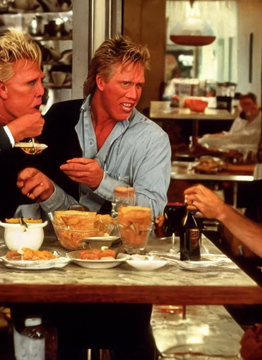 Image similar to gary busey is presented with the worst kind of food in a cafe and vows to eat the chef, by rick berry and norman rockwell