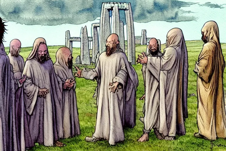 Image similar to a realistic and atmospheric watercolour fantasy character concept art portrait of a dirty chibi alien greeting a group of medieval monks in grey robes in stonehenge. a ufo is in the sky. by rebecca guay, michael kaluta, charles vess and jean moebius giraud