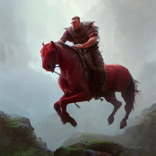 Image similar to Red ogre riding a horse, funny, portrait, Greg rutkowski