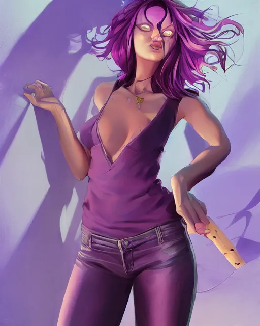 Image similar to beautiful famel purple hair tattoos symmetrical face eyes full body fantasy art icon, 3 d art gta 5 cover, official fanart behance hd artstation by jesper ejsing, by rhads, makoto shinkai and lois van baarle, ilya kuvshinov, rossdraws