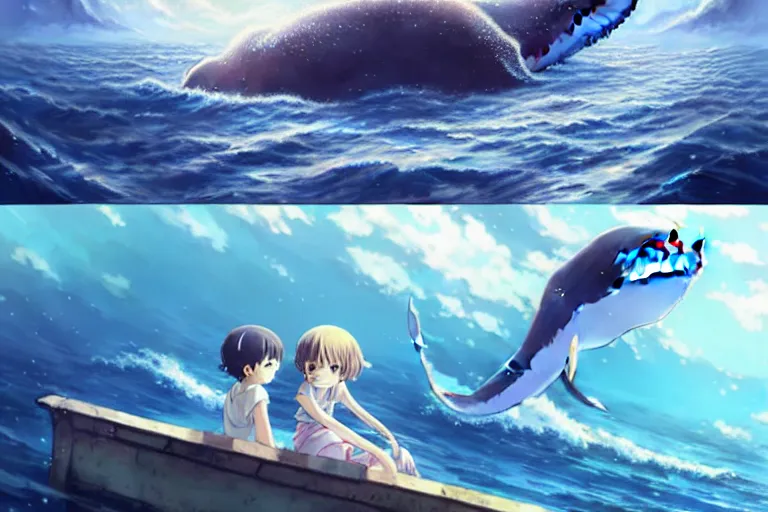 Image similar to a panorama distant view under the water, hyper detailed cg rendering of a cute girl and whale, anime key visual of children of the sea, finely detailed perfect face, style of raphael lacoste, makoto shinkai, violet evergarden, studio ghibli, james jean, hayao miyazaki, extremely high quality artwork