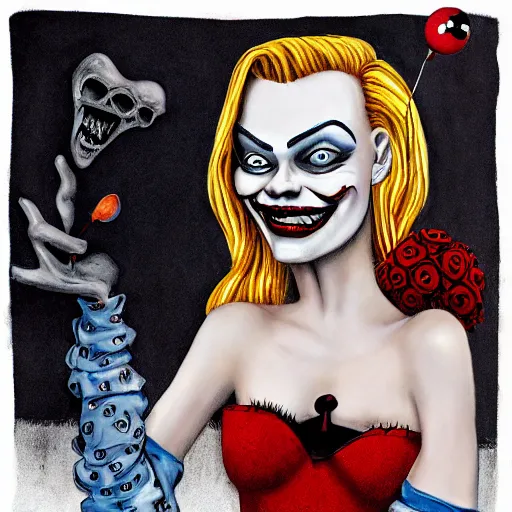 Image similar to grunge cartoon painting of margot robbie with a wide smile and a red balloon by chris leib, loony toons style, pennywise style, corpse bride style, horror theme, detailed, elegant, intricate