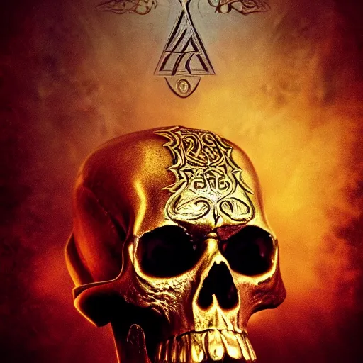 Image similar to ominous chiaroscuro baroque cinestill poster of a golden skull intricately decorated with ancient runic inscriptions and prophecy engravings. dramatic ray of light, octane render by elden ring, ominous dark background. deep aesthetics, ( lord of the rings : the return of the king 2 0 0 3 )