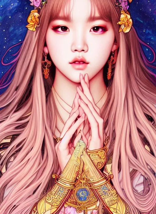 Image similar to lalisa manoban of blackpink, goddess of the moon, tarot card, highly detailed, digital painting, smooth, sharp focus, illustration, ultra realistic, 8 k, art by artgerm and alphonse mucha