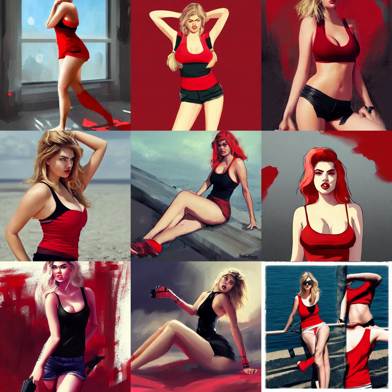 Prompt: kate upton, wearing tanktop and shorts, sexy pose, red and black color palette, in the style of wlop and greg rutkowski and ilya kuvshino