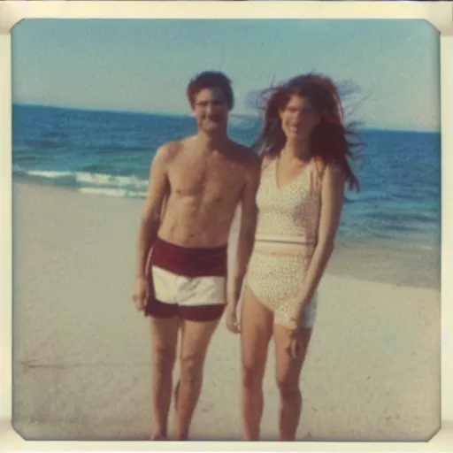 Image similar to found polaroid of my parents at the beach who look exactly like Anna Kendrick and Roger Federer