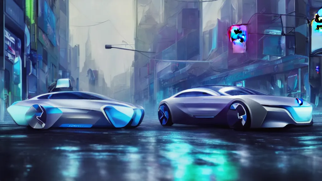 Prompt: hyperfuturistic overtuned bmw electric sports concept car with extremly high details, riding through a cyberpunk metropolitan city with busy streets with digital traffic lights on a crossing. pedestrians, puddles on the street, digital render. digital painting. trending on artstation