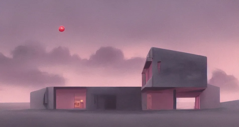 Image similar to modernist house in the shape of a hamburger, light pink clouds, dramatic lighting, artstation, matte painting, raphael lacoste, simon stalenhag, frank lloyd wright, zaha hadid