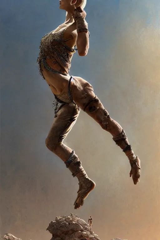 Image similar to a full body portrait of a beautiful post apocalyptic offworld desert gymnast leaping in ballet dance pose by the emerald oasis pools, intricate, elegant, highly detailed, digital painting, artstation, concept art, smooth, sharp focus, illustration, art by krenz cushart and artem demura and alphonse mucha