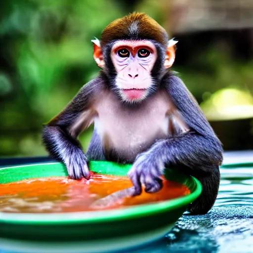 Image similar to a monkey swiming in a bowl of soup