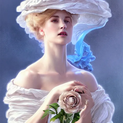 Image similar to woman dressed in a vaporous wrapped large victorian cream roses silk semi-transparent blue and cream dress fashion is running D&D, fantasy, intricate, elegant, highly detailed, digital painting, artstation, concept art, matte, sharp focus, illustration, art by Artgerm and Greg Rutkowski and Alphonse Mucha