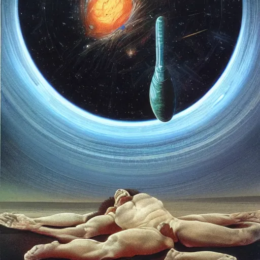 Image similar to the creation of the human race from the material in the stars. cosmos, detailed oil painting by vincent di fate michelangelo and alan lee