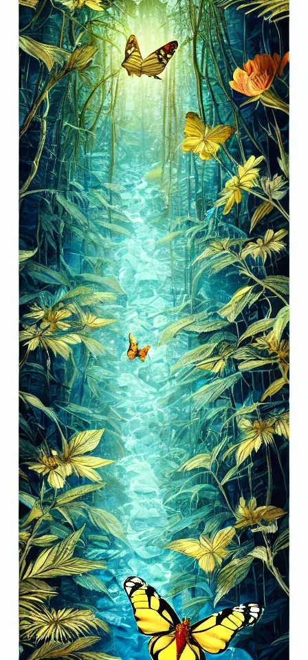 Prompt: butterfly in the ice rainforest. gouache and gold leaf work by the award - winning mangaka, bloom, chiaroscuro, backlighting, depth of field.