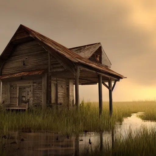 Prompt: digital concept art of old wooden cabin in florida swamp, trending on artstation