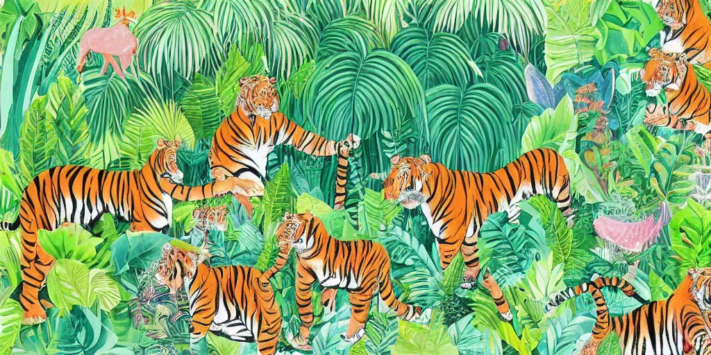 Image similar to detailed illustration, a lush tropical jungle in the style of may gibbs, tiger, elephant, 🐅, 🐘, layered composition, layers, texture, textured, layered, sculpted, dynamic, jungle, tropical, 🌱, 🦋,