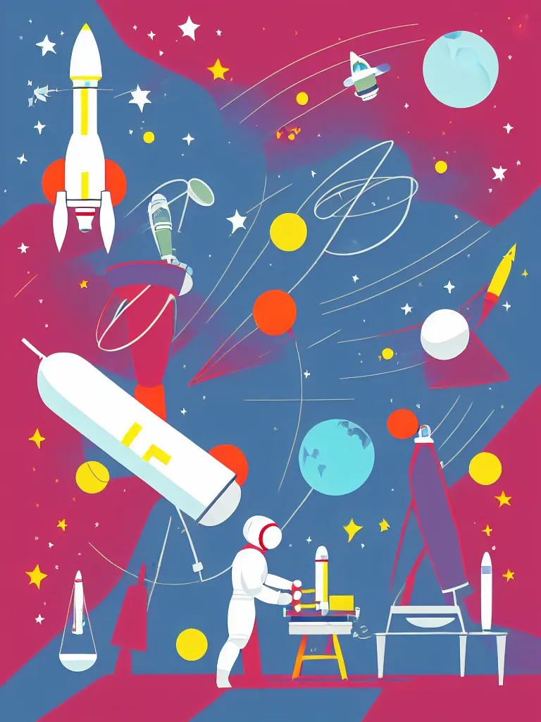 Image similar to editorial illustration scientific lab test tube telescope microscope astronaut rocket, colorful modern, mads berg