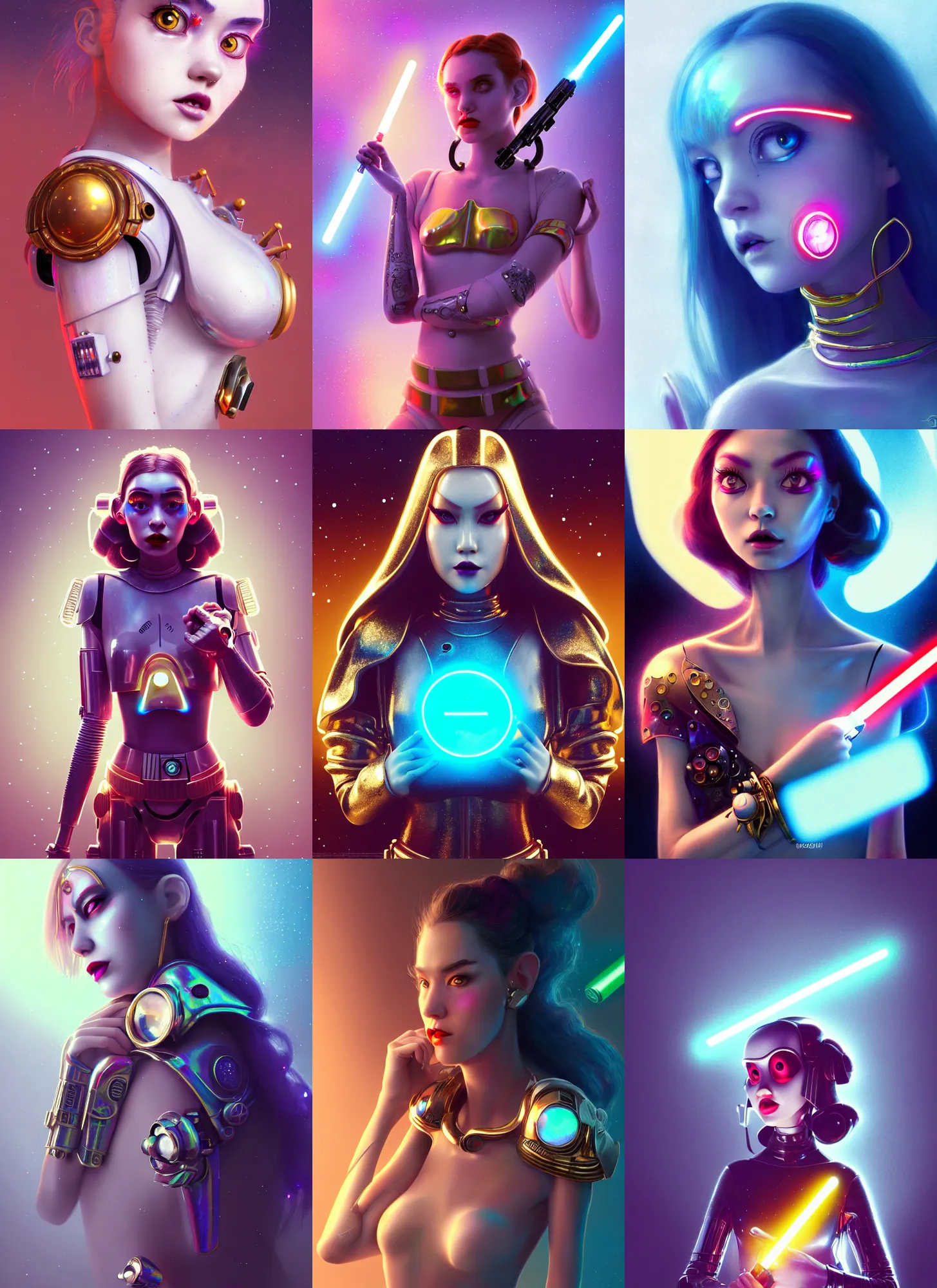 Prompt: pixar 8 k photo, beautiful shiny white porcelain rich trashy iridescent edc star wars clowncore cyborg college girl, bullet jewelry, golden ratio, sci fi, fantasy, cyberpunk, intricate, decadent, highly detailed, digital painting, octane render, artstation, concept art, smooth, sharp focus, illustration, art by loish, wlop