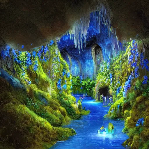 Prompt: large interior cavern of a cave, grand gallery, shimmering blue stream, walls covered with colourful flowers vines and mosses, some strange luminescent rocks poke through the foliage, depth of background, digital art, artstation, art by raphaelle deslandes