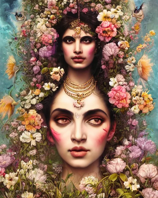 Image similar to portrait of the indian queen of the underworld, surrounded by flowers by karol bak, james jean, tom bagshaw, rococo, sharp focus, trending on artstation, cinematic lighting, hyper realism, octane render, 8 k, hyper detailed.