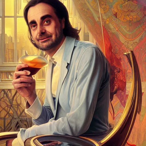 Prompt: portrait painting of carl sagan drinking a martini, ultra realistic, concept art, intricate details, serious, highly detailed, photorealistic, octane render, 8 k, unreal engine. art by artgerm and greg rutkowski and alphonse mucha