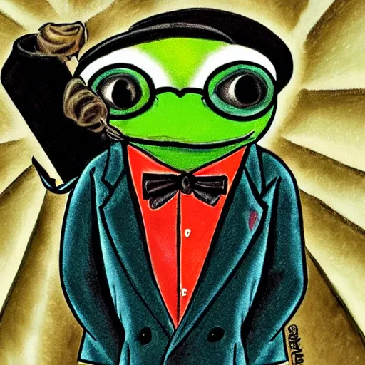 Image similar to a frog 🐸 wearing a suit smoking a cigar