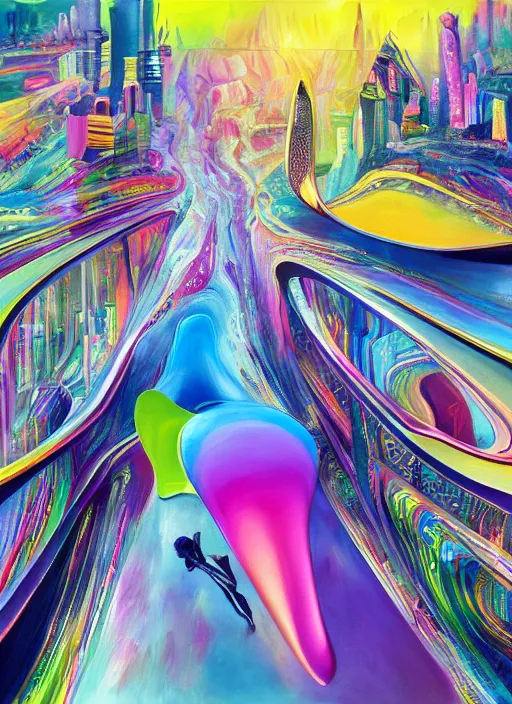 Image similar to an extremely high quality hd surrealism painting of a 3d galactic neon complimentary-colored cartoony surrealism melting optically illusiony high-contrast zaha hadid city street by kandsky and salvia dali the second, salvador dali's much much much much more talented painter cousin, clear shapes, 8k, flowing, ultra realistic, super realistic