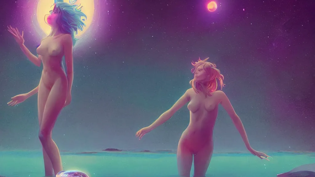 Prompt: one beautiful whimsical goddess standing in a lake basking in the moonlight, underneath a multi-colored binary blackhole with an accretion disc, glowing trails following her arms, acidwave, by Lois van Baarle, by Greg Rutkowski, by artgerm, by beeple, by studio ghibli, cinematic angle, volumetric lighting, 4k resolution, octane render, trending on artstation, masterpiece