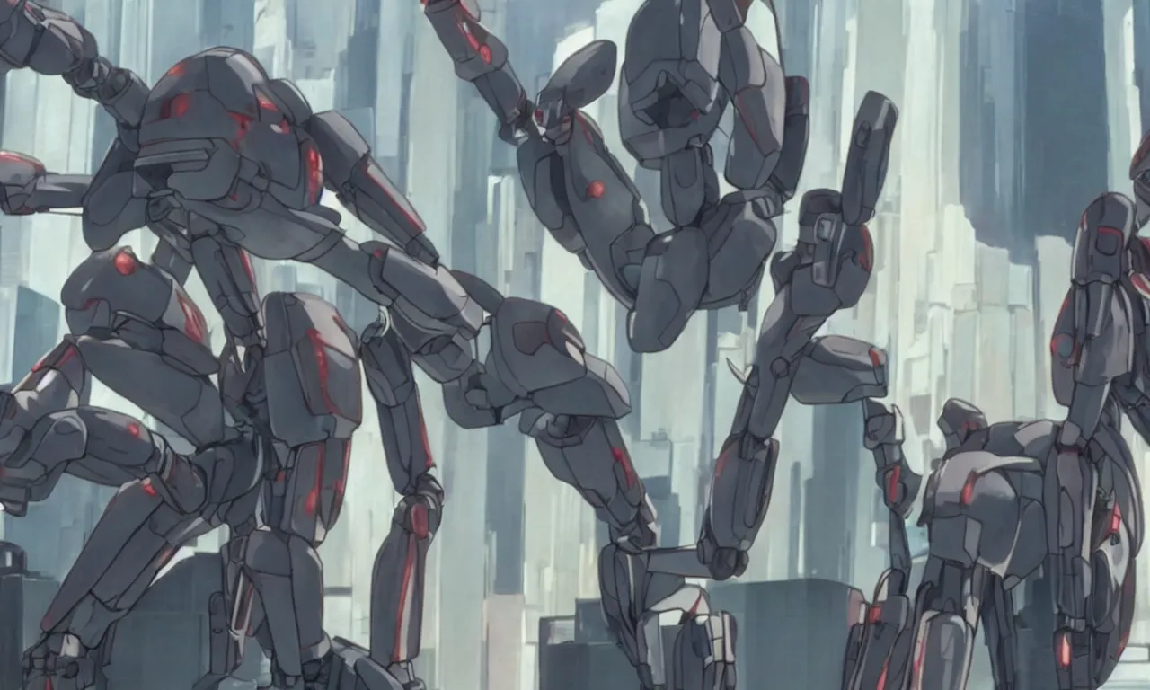 Image similar to a still shot of battle droid from ghost in the shell anime