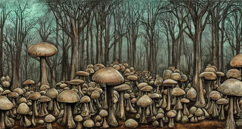 Image similar to A tribal village in a forest of giant mushrooms, by HR Giger