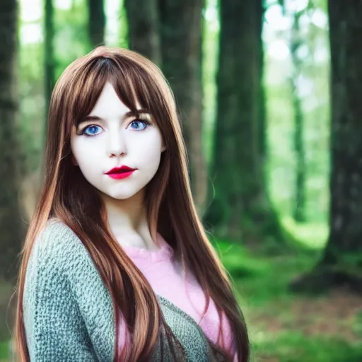 Image similar to photo of an adorable anime girl with long brown hair, looking partly to the left, blue shining eyes, light makeup, light pink lipstick, bokeh forest background, 4k, highly detailed, cel-shaded