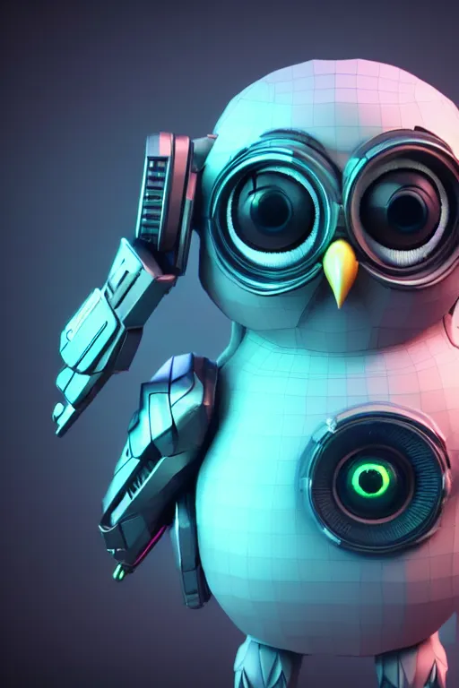 Image similar to high quality 3 d render very cute cyborg owl! with boombox!, cyberpunk highly detailed, unreal engine cinematic smooth, in the style of blade runner & detective pikachu, hannah yata charlie immer, moody light, low angle, uhd 8 k, sharp focus