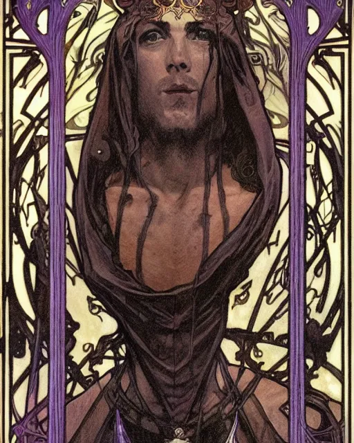 Image similar to tarot card, head and chest only, the devil, demon male, black and purple robes, beautiful, medieval, super detailed, ornate, by alphonse mucha, stjepan sejic, greg rutkowski, symmetry, 8 k, sharp focus