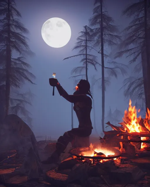 Image similar to spartan drinking tea at campfire with trichocereus background and smoke haze, wolf howling at full moon, photo in the style of the celestine prophecy, artstation, deviantart, professional, unreal engine 5, octane render