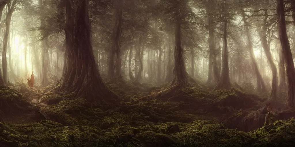 Prompt: A beautiful hyper realistic detailed matte painting of a beautiful mythical dark ominous forest at dusk by john howe, greg rutkowski, albert Bierstadt, alena, aerial view, unreal engine, barometric projection, rectilinear, octane render, ultrawide angle, featured on behance, Trending on artstation, well-rendered, architectural render