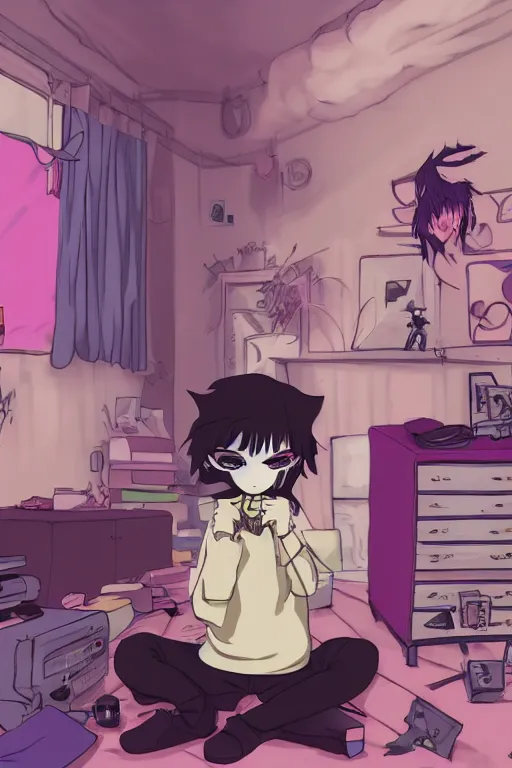 Prompt: goth chibi anime goth guy sitting on the floor of a cluttered 9 0 s bedroom, vaporwave colors, lo - fi, concept art, smooth, detailed, toon shading, cel shading, animation, 4 k, hd,