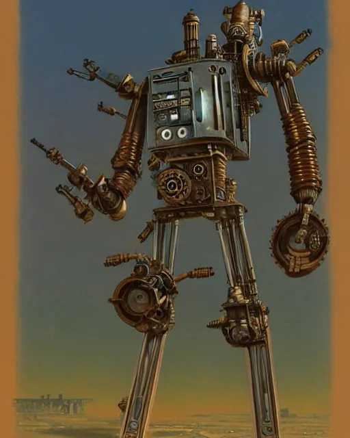 Prompt: steampunk robot, half body by ralph mcquarrie and frank lloyd frank lloyd and bruce pennington and ted nasmith