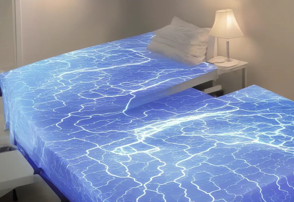 Prompt: curved translucent bedsheets with detailed florida storm weathermap, pixel perfect photograph, high contrast, volumetric lighting, thin glowing lights, bedroom, visor, users, pair of keycards on table