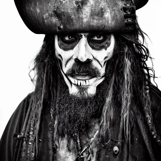 Prompt: 70mm photo of a dirty rugged old pirate lord wearing a Skull Bone Hard Mask dirty old black hat, worn black coat, long black beard and long black hair, dark scene with dim light, movie scene, depth of field