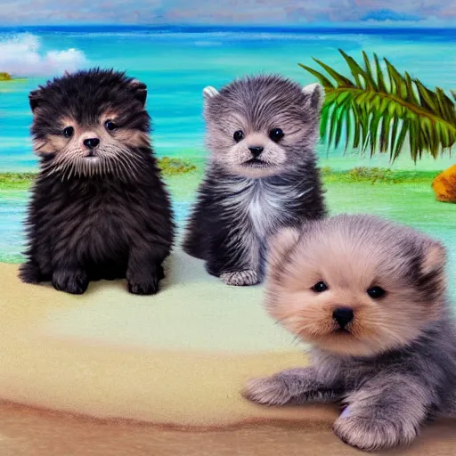 Prompt: cute fluffy hybrid animal cross between baby sea otter, kitten, and yorkshire terrier puppy sitting on a tropical beach landscape detailed painting 4 k